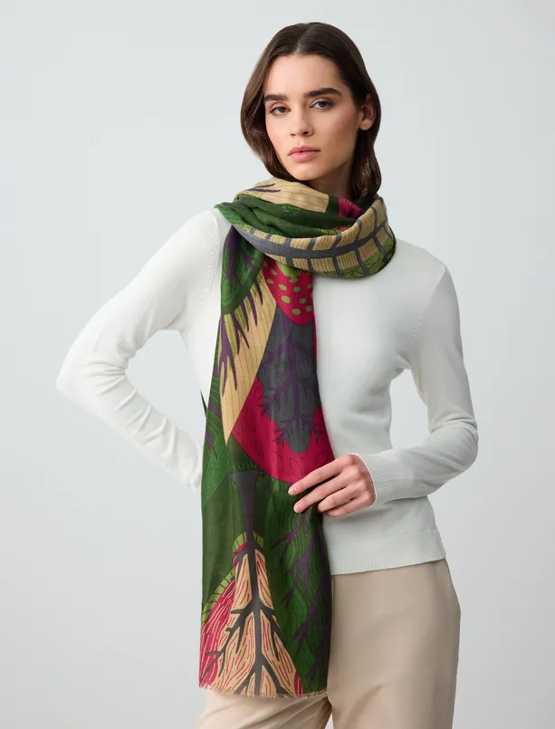 Women Green Leaf Patterned Woven Shawl