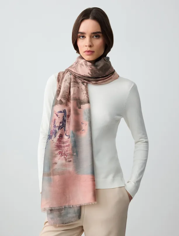 Women Beige Abstract Patterned Woven Shawl