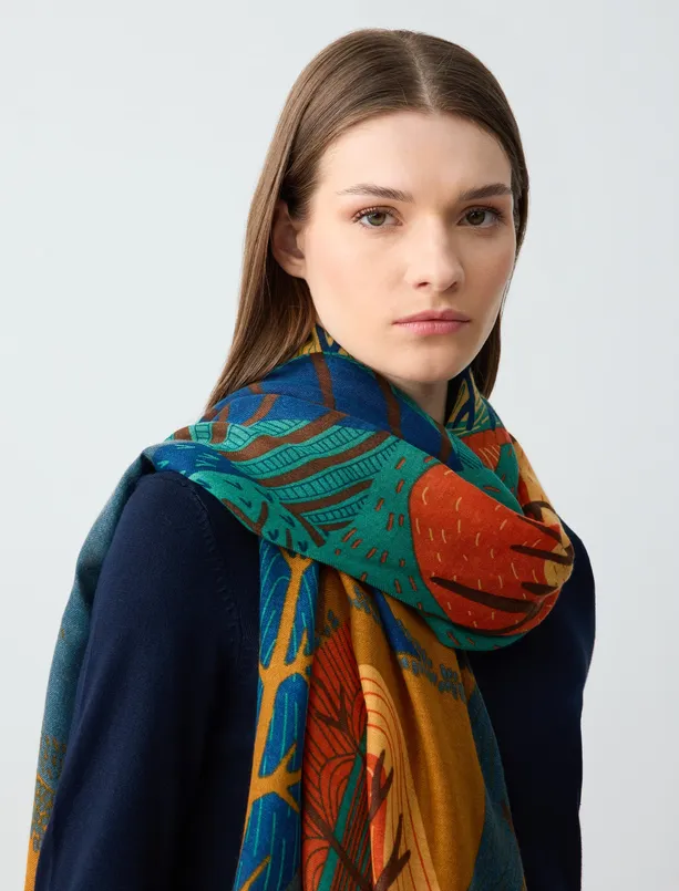 Women Orange Tree Figured Woven Shawl
