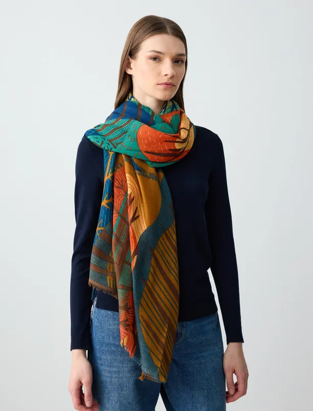 Women Orange Tree Figured Woven Shawl