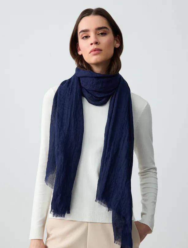 Women Dark Blue Tasseled Woven Shawl