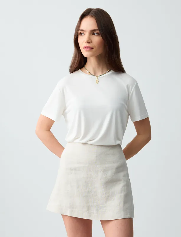 Women Beige Straight Cut Mini Linen Shorts Skirt