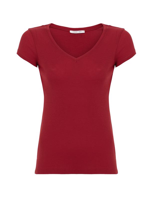 Bayan Kırmızı Derin V Yakalı Basic T-shirt