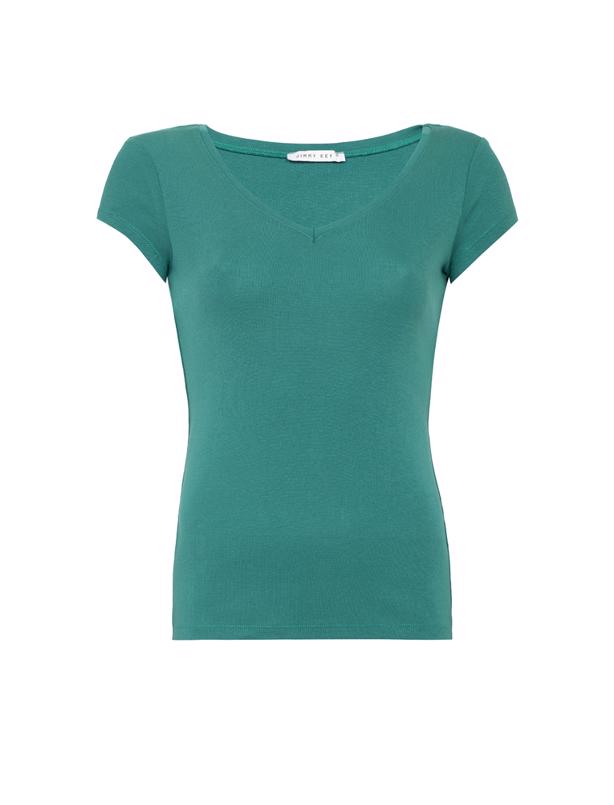 Bayan Yeşil Derin V Yakalı Basic T-shirt