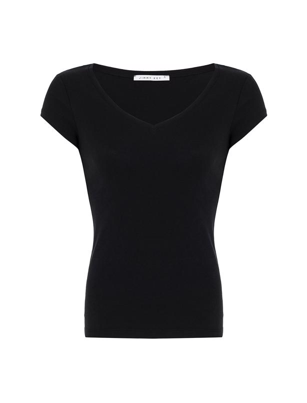 Bayan Siyah Derin V Yakalı Basic T-shirt