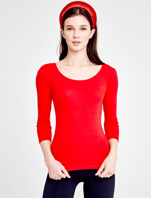 Bayan Kırmızı Yuvarlak Yaka Truvakar Kollu Basic T-shirt