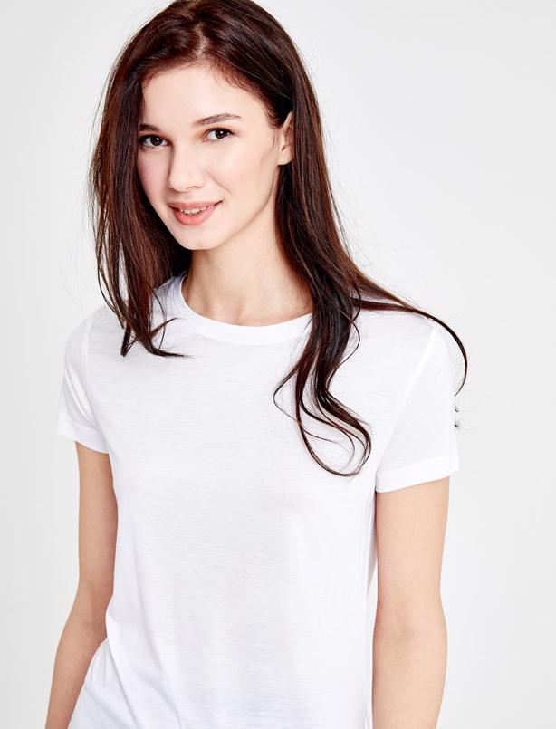 Bayan Beyaz Bisiklet Yaka Kısa Kollu Basic T-shirt