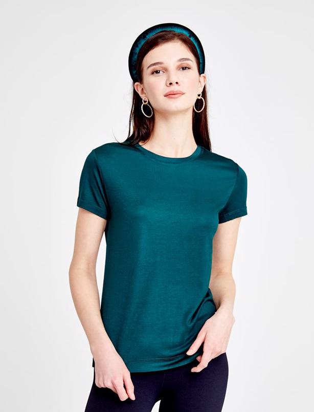 Bayan Yeşil Bisiklet Yaka Kısa Kollu Basic T-shirt