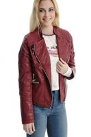 Bayan Bordo Suni Deri Biker Ceket