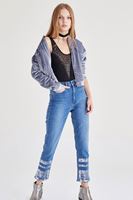 Bayan Mavi Metalik Baskılı Denim Pantolon