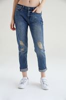 Bayan Mavi Yıpratılmış Yırtık Detaylı Boyfriend Jean