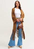 Bayan Kahverengi Süet Püsküllü Kimono Ceket