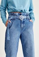 Bayan Mavi Kemerli Bol Jean Pantolon