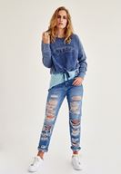 Bayan Mavi Baskılı Bağlama Detaylı Sweatshirt
