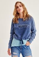 Bayan Mavi Baskılı Bağlama Detaylı Sweatshirt