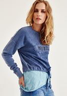 Bayan Mavi Baskılı Bağlama Detaylı Sweatshirt