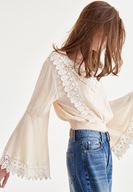 Bayan Krem Dantel İşlemeli Crop Bluz