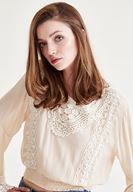 Bayan Krem Dantel İşlemeli Crop Bluz