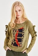 Bayan Yeşil Kol Detaylı Baskılı Sweatshirt