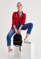 Bayan Kırmızı Cep Detaylı Denim Ceket