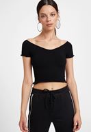 Bayan Siyah Lastikli Crop Bluz