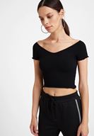 Bayan Siyah Lastikli Crop Bluz