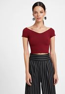 Bayan Bordo Lastikli Crop Bluz