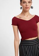 Bayan Bordo Lastikli Crop Bluz