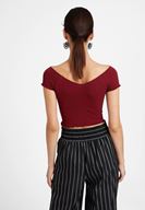 Bayan Bordo Lastikli Crop Bluz