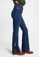 Bayan Mavi Yırtmaç Detaylı Flare Denim Pantolon