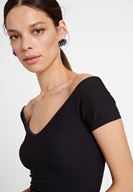 Bayan Siyah V Yaka Detaylı Crop Top