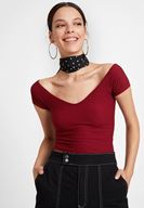 Bayan Bordo V Yaka Detaylı Crop Top