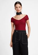 Bayan Bordo V Yaka Detaylı Crop Top