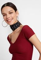 Bayan Bordo V Yaka Detaylı Crop Top