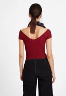 Bayan Bordo V Yaka Detaylı Crop Top