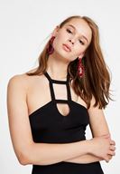 Women Black Mini Dress with Neck Details