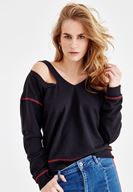 Bayan Siyah V Yaka Omuz Detaylı Sweatshirt