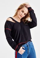 Bayan Siyah V Yaka Omuz Detaylı Sweatshirt