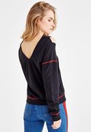 Bayan Siyah V Yaka Omuz Detaylı Sweatshirt