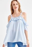 Women Blue Emroidered and Pearl Strappy Blouse