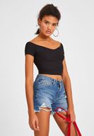 Bayan Siyah V Yaka Crop Top