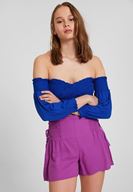 Bayan Lacivert Düşük Omuz Crop Bluz