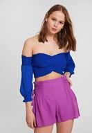 Bayan Lacivert Düşük Omuz Crop Bluz