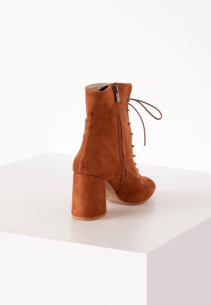 Women Brown Mid Heel Lace-up Boots