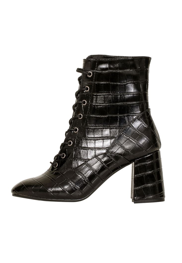 Women Black Mid Heel Lace-up Boots