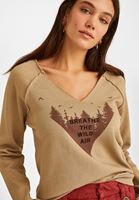 Bayan Bej V Yaka Baskılı Sweatshirt