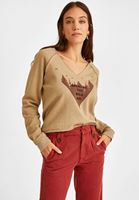 Bayan Bej V Yaka Baskılı Sweatshirt