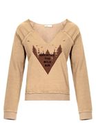 Bayan Bej V Yaka Baskılı Sweatshirt