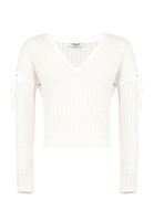 Bayan Krem Cut-Out Detaylı V Yaka Bluz