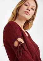 Bayan Bordo Cut-Out Detaylı V Yaka Bluz